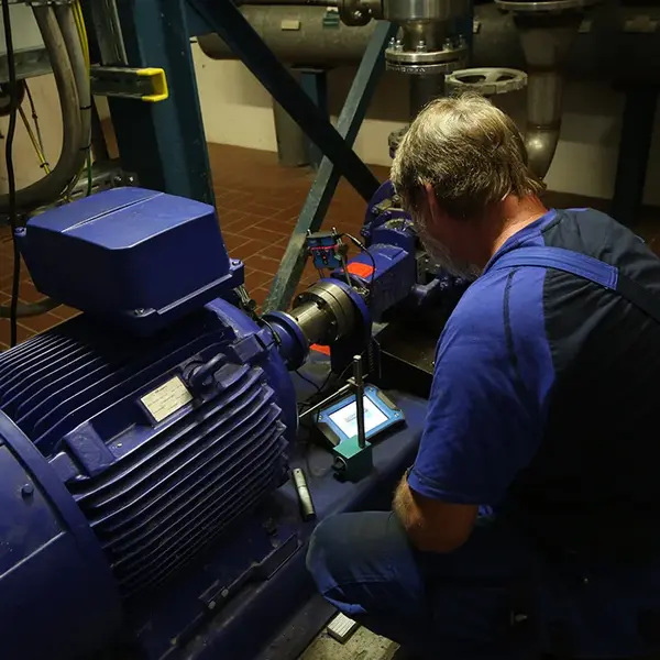 Ein Techniker von Walter Fiedler richtet die Pumpenwelle einer großen Pumpenanlage mithilfe eines Lasers aus