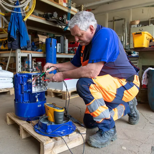 Ein Mitarbeiter der Firma Walter Fiedler in orangefarbener Arbeitskleidung repariert eine Wasserpumpe in einer Werkstatt, umgeben von Werkzeugen und Materialien.