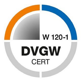 Das DVGW-Zertifikat zeigt ein kreisförmiges Design mit den Farben Orange, Grau und Blau, sowie der Aufschrift W 120-1.