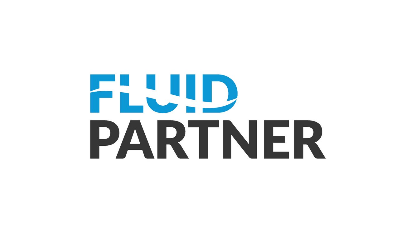 Das Logo zeigt den Schriftzug 'FLUID PARTNER' in blauer und grauer Schrift auf weißem Hintergrund.